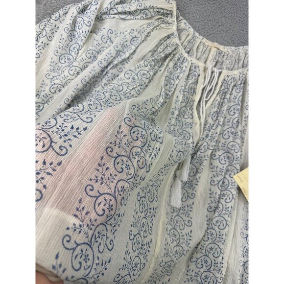 True Religion Womens Boho Top S Blue & White Trellis Print With Princess Seams - Picture 12 of 16
